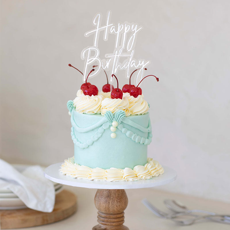SILVER / CLEAR LAYERED CAKE TOPPER - HAPPY BIRTHDAY ACRYLIC