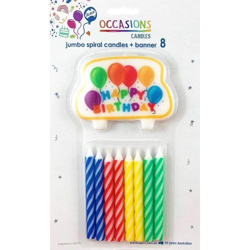 Happy Birthday Banner + 8 Jumbo Spiral Candles OTHER CANDLES