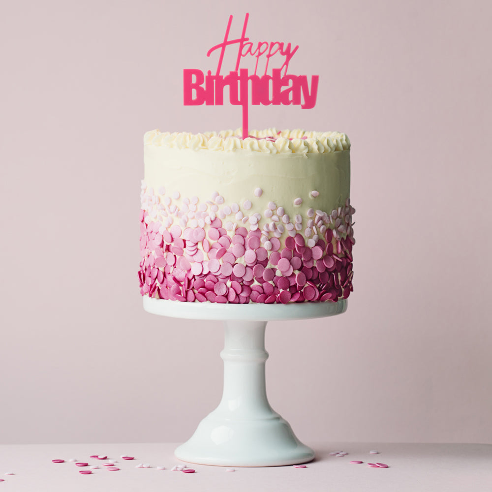 FUN HAPPY BIRTHDAY CAKE TOPPER - PINK ACRYLIC