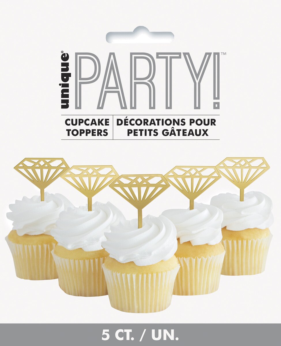 5 PLASTIC GOLD DIAMOND CUPCAKE TOPPERS other topper