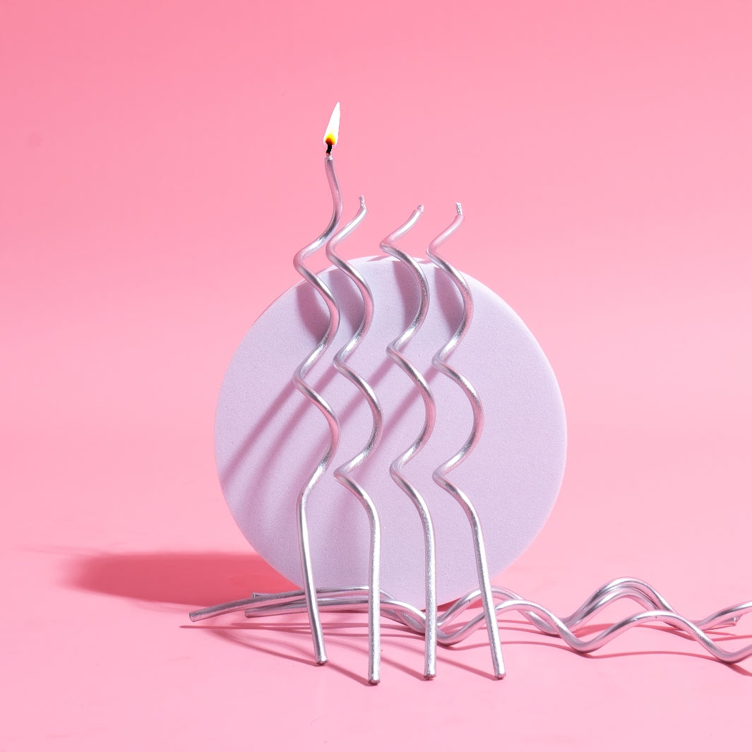 13cm SWIRLY Cake Candles SILVER (Pack of 16) Tall