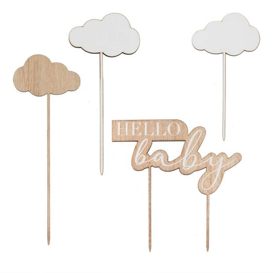 HELLO BABY WOODEN HELLO BABY & CLOUDS BABY SHOWER CAKE OTHER TOPPER