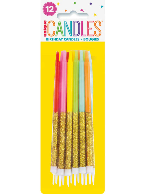 12 x 12.7cm (5") Gold Glitter Dipped Rainbow Candles Tall