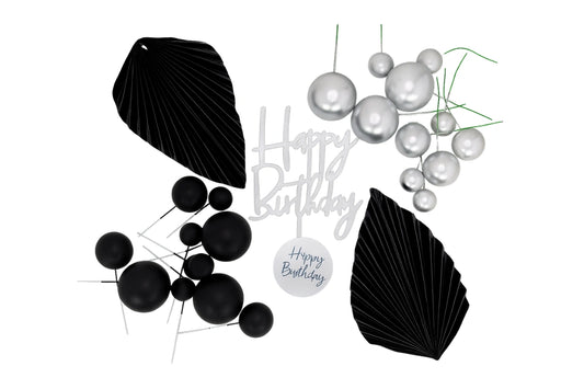 Black and Silver Birthday Topper Set Iconic Cake Art ball topper set