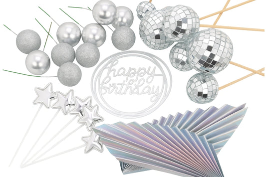 Silver Disco Cake Topper Set Iconic Cake Art ball topper set