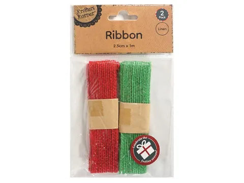 XMAS LINEN RIBBONS 1MX25MM 2PK