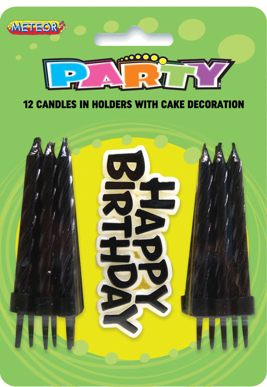 12 Candles In Holders With Cake Decoration - Black Other Candles