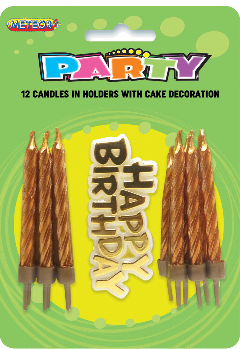 12 Candles In Holders With Cake Decoration - Gold Other Candles