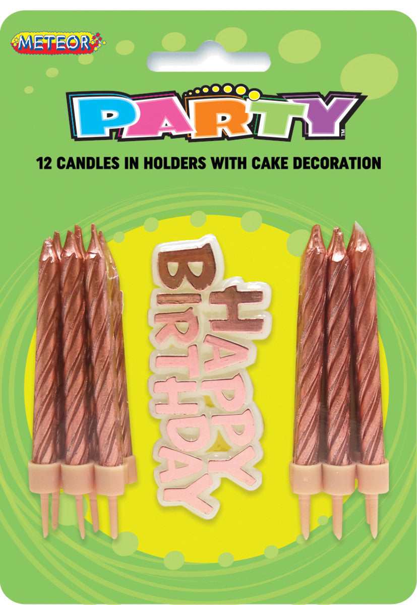 12 Candles In Holders With Cake Decoration - Rose Gold Other Candles