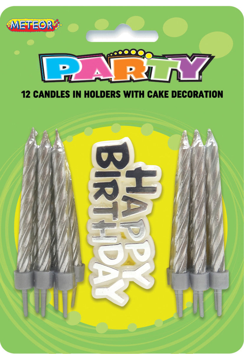 12 Candles In Holders With Cake Decoration - Silver Other Candles