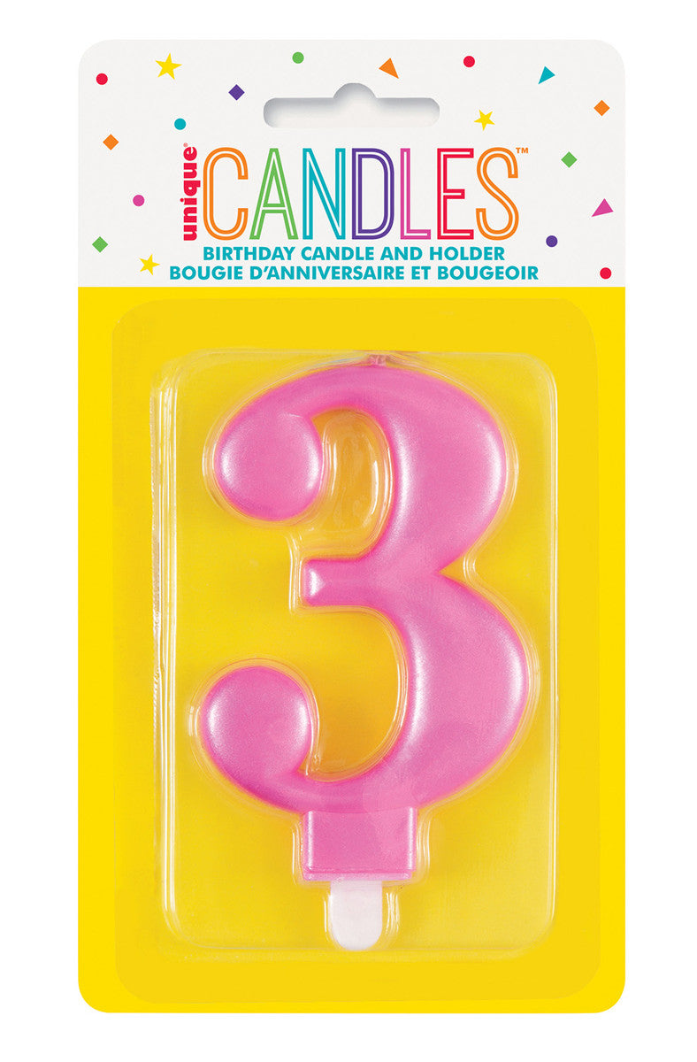 Numeral Candle 3 - Metallic Pink