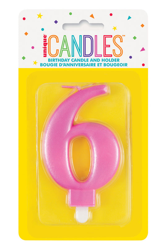 Numeral Candle 6 - Metallic Pink
