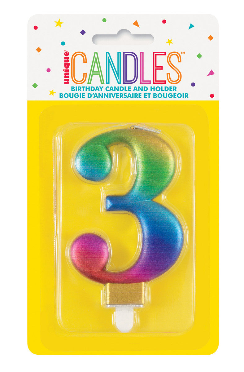 Numeral Candle 3 - Metallic Rainbow