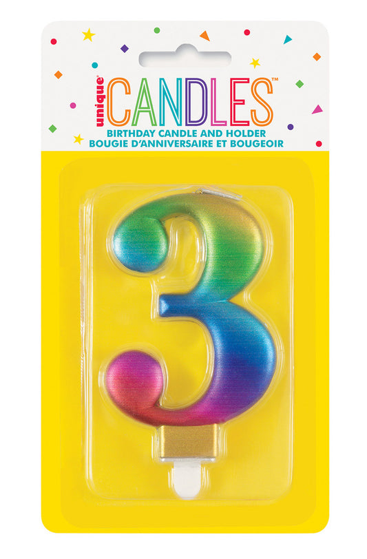 Numeral Candle 3 - Metallic Rainbow