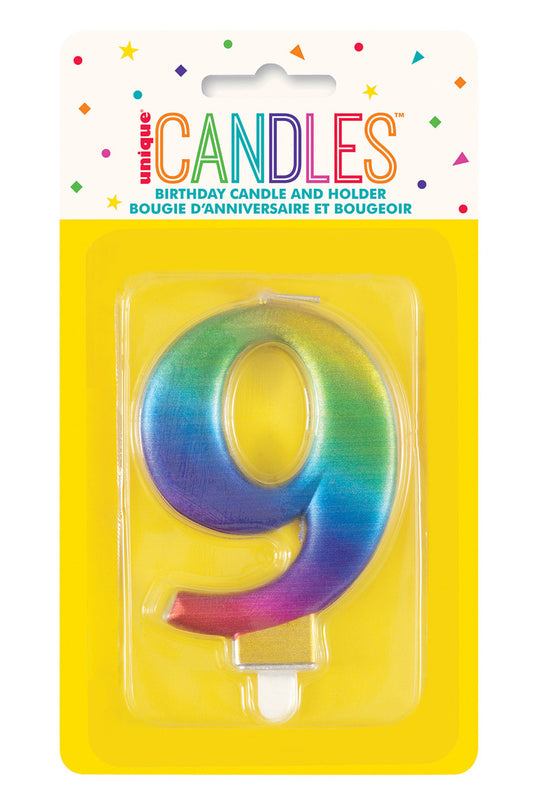 Numeral Candle 9 - Metallic Rainbow
