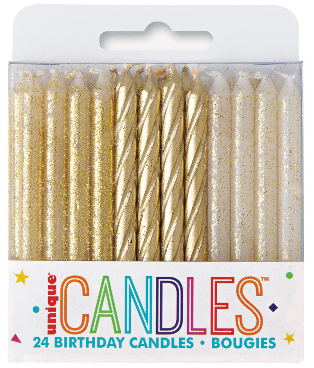 24 Gold & Gold Glitter Assorted Spiral Candles OTHER CANDLES