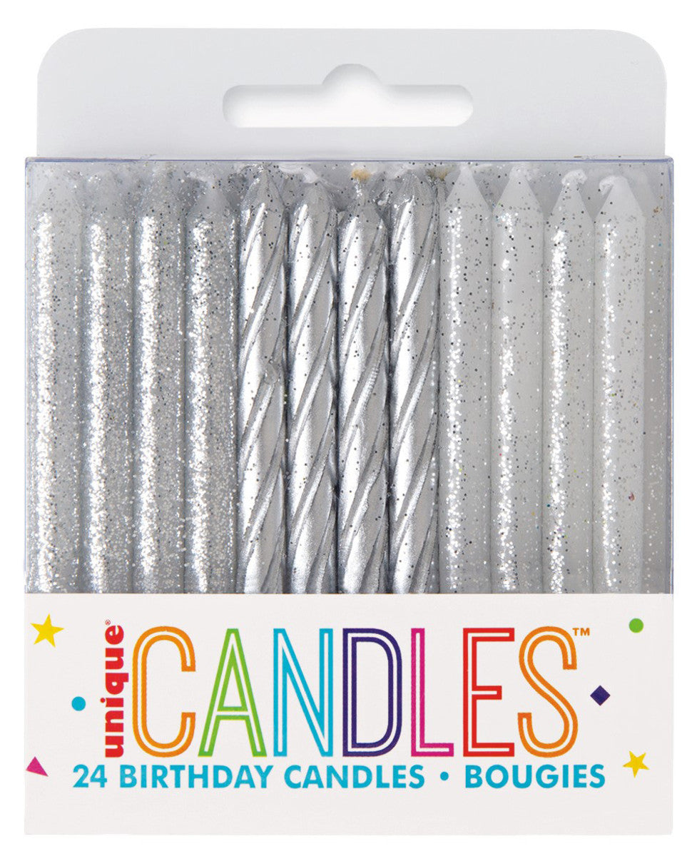 24 Silver & Silver Glitter Assorted Spiral Candles OTHER CANDLES
