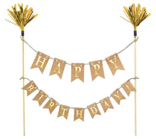 CAKE PICK HAPPY BIRTHDAY GOLD - WOOD WITH PAPER & FOIL OTHER TOPPER