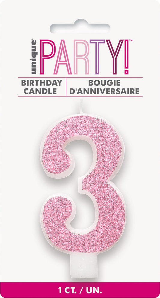 Numeral Candle 3 - Glitter Pink