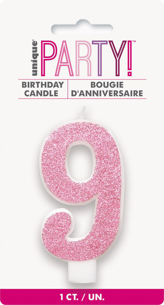 Numeral Candle 9 - Glitter Pink