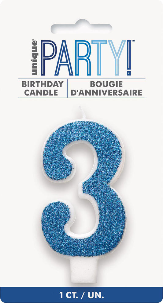 Numeral Candle 3 - Glitter Blue