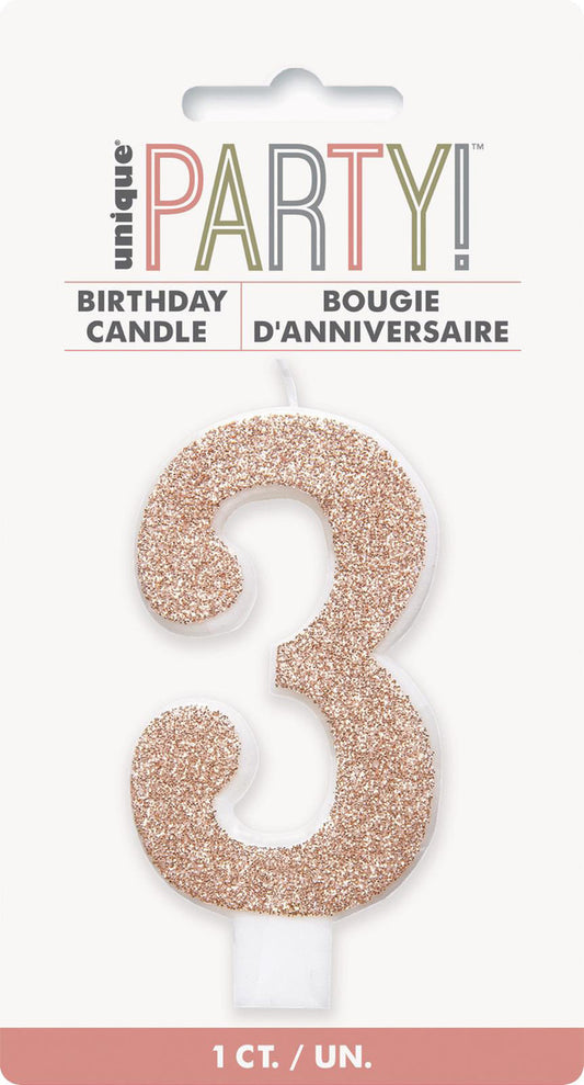Numeral Candle 3 - Glitter Rose Gold