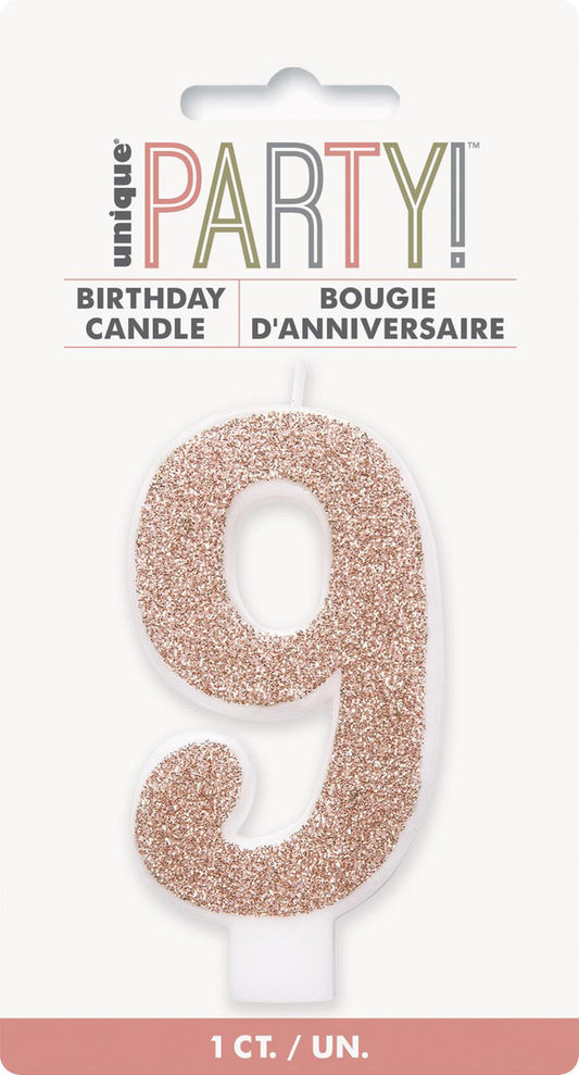 Numeral Candle 9 - Glitter Rose Gold