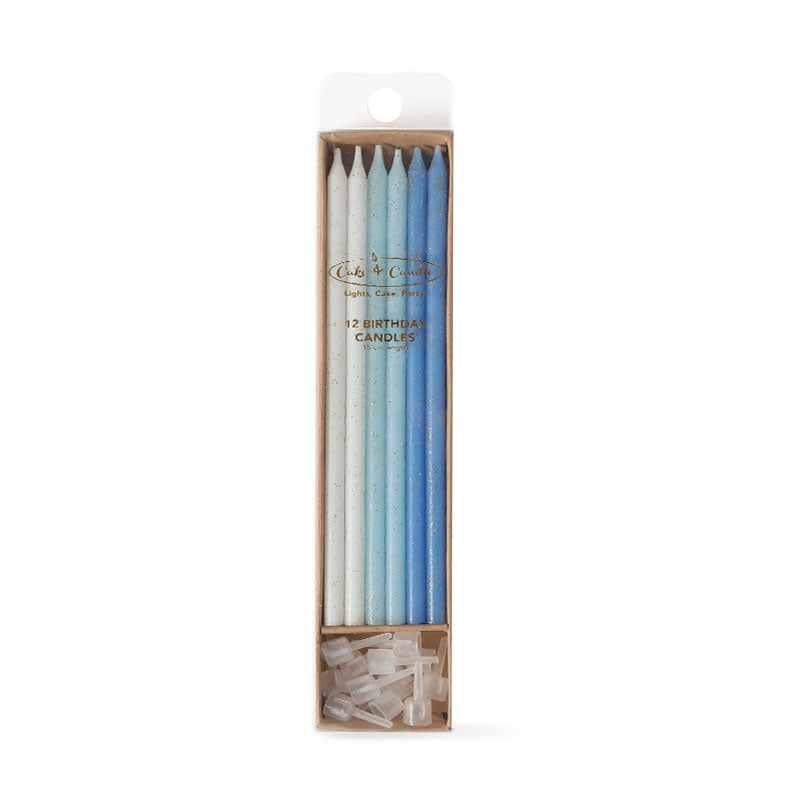 BLUE GLITTER CAKE CANDLES (PACK OF 12) TALL