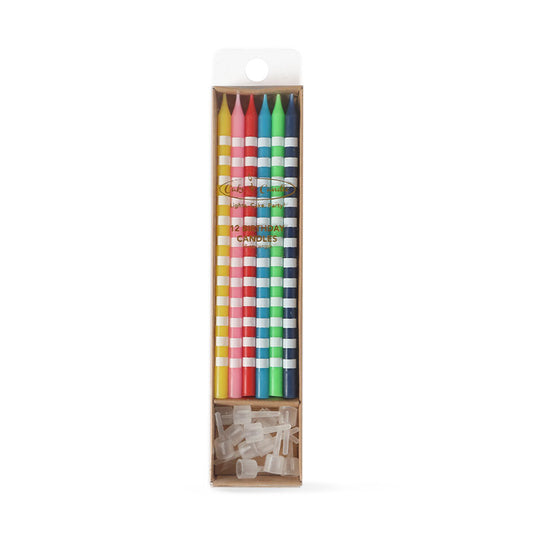 BRIGHT STRIPED CAKE CANDLES (PACK OF 12) TALL