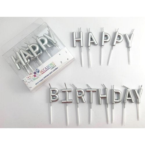 Happy Birthday Pick Candles Metallic Silver PICK
