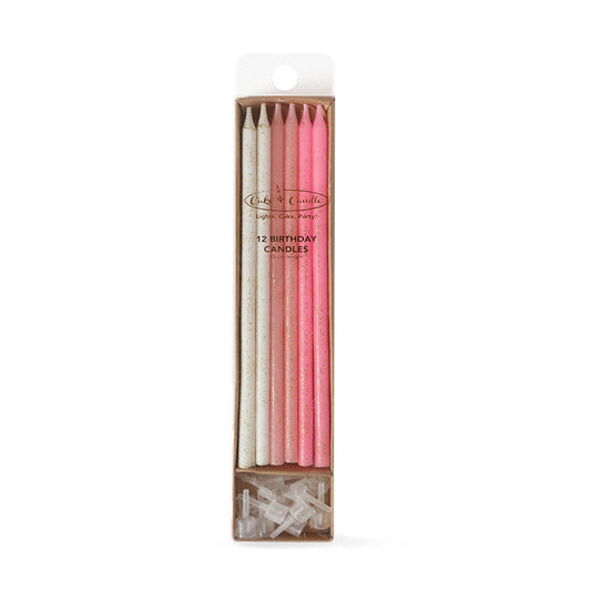 PINK GLITTER CAKE CANDLES (PACK OF 12) TALL