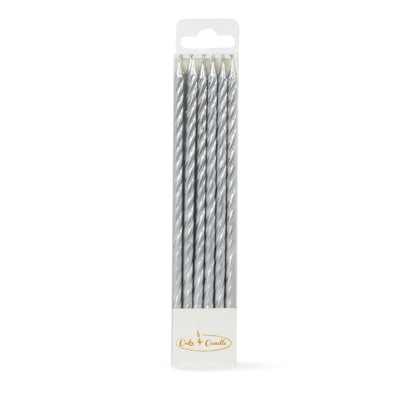 SPIRAL CAKE CANDLES SILVER (PACK OF 12) TALL