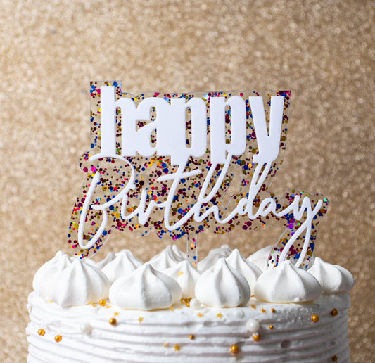 LAYERED RAINBOW GLITTER HAPPY BIRTHDAY CAKE TOPPER ACRYLIC