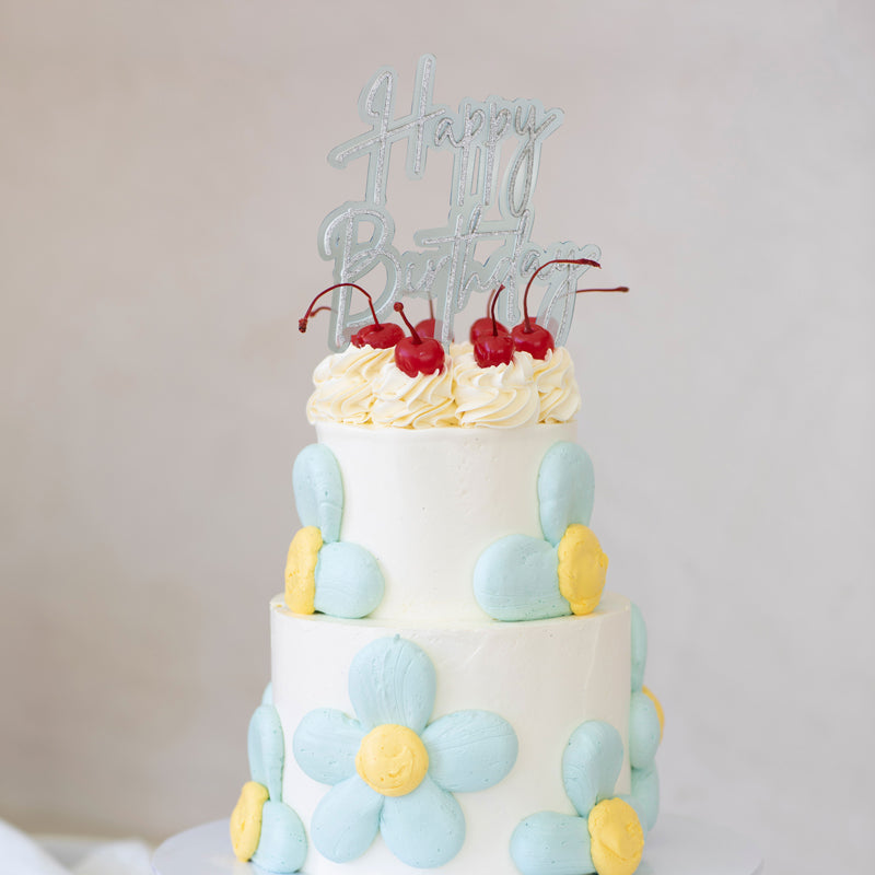 SILVER / LIGHT BLUE LAYERED CAKE TOPPER - HAPPY BIRTHDAY ACRYLIC